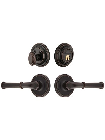 Grandeur Georgetown Entry Door Set, Keyed Alike with Georgetown Levers Left Handed in Timeless Bronze.